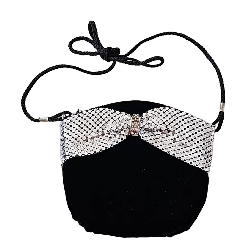Davelli Vtg Black Velvet Clutch Purse with Beaded Bow and Rhinestones Homecoming